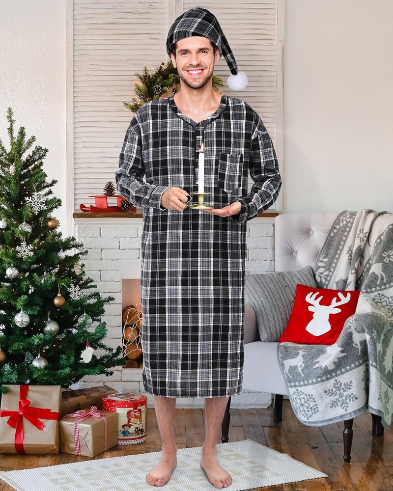 Cuffbow 4 Pcs Christmas Men's Cotton Flannel Nightshirt Set Includes Men Flannel Long Sleeve Nightgown Cap Candle and Holder - Image 4